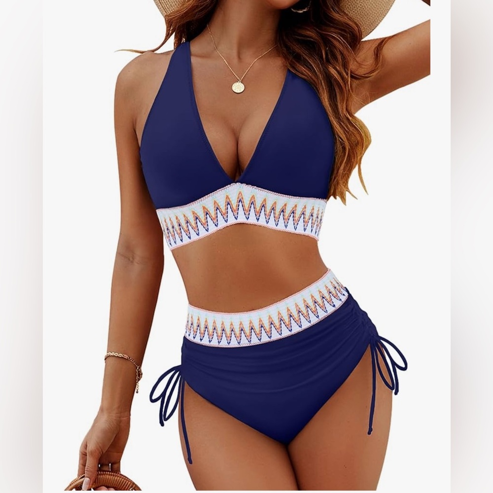 Blooming Jelly Navy Blue Padded Trimmed Drawstring Bikini Swimsuits NWT Size L